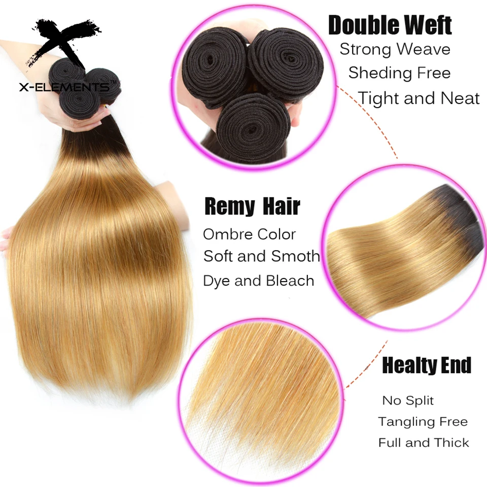 X-Element Brazilian Ombre Straight Hair Bundles With Closure T1B 27 Ombre Human Hair Weave With Closure 2 Tone Hair with Closure (14)
