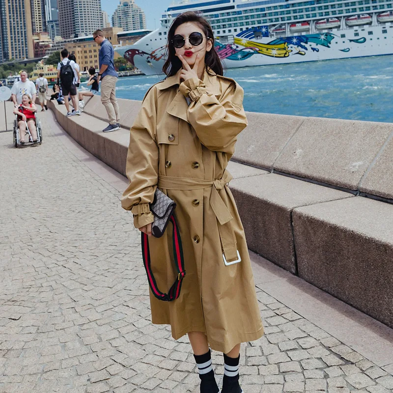 Early Spring Korean Windbreaker Autumn Khaki &amp Black Trench Coat Fashion Student Overknee Thin Overcoat Casual Loose Women | Женская