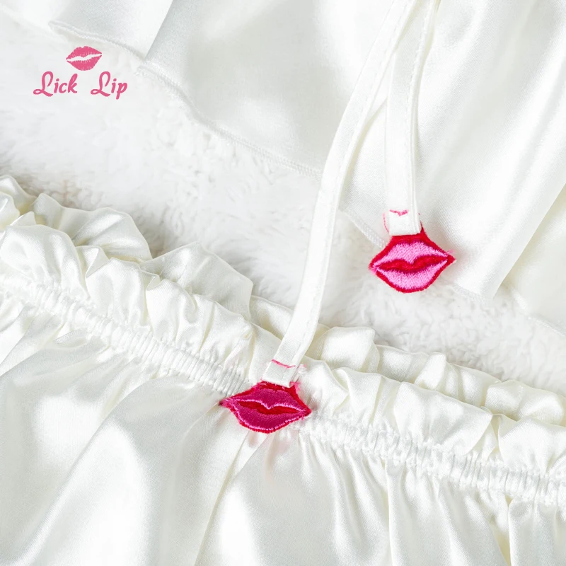 Lick Lip Satin White Ruffle Pajamas Sets Women Deep V-Neck Pijama Feminino Home Suit Lady Spaghetti Straps Nightwear SWC6859-40