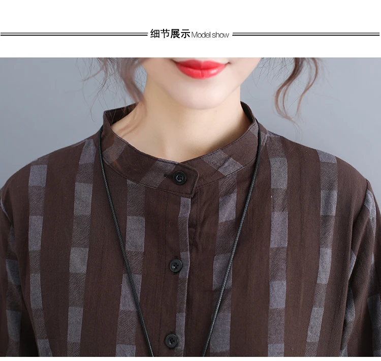 Dresses Women Dress Plus Size Long Sleeve Spring Summer Knee Length Casual Plaid Blouse Shirt Cotton Linen Dress Women 2019 8