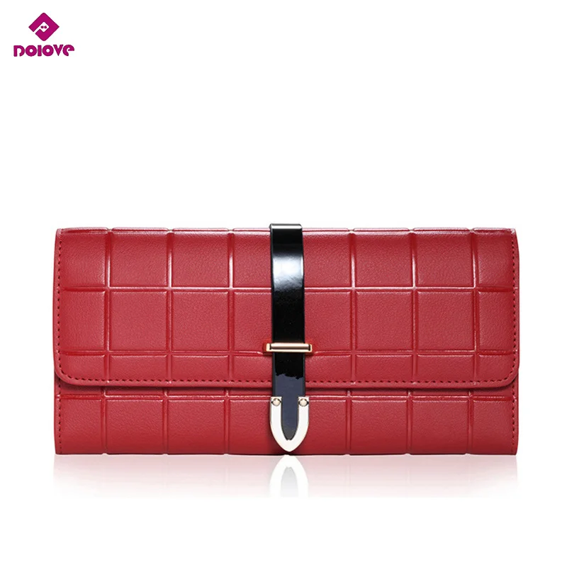 

DOLOVE Buckle New Women Wallet European American Style Hand Bag Ladies wallet lattice pattern of and Brand Leather Long Fashion