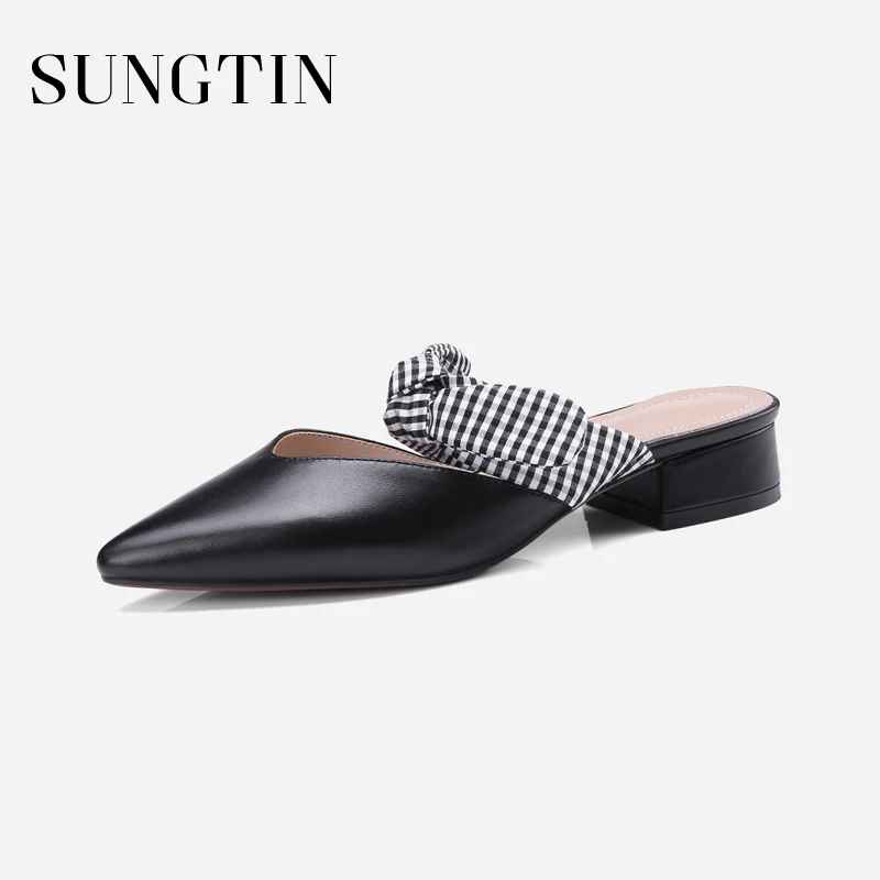 

Sungtin 2018 New Design Bow Mules Shoes Women High Quality Cow Leather Slippers Casual All Match Slip-On Pointed Toe Slippers