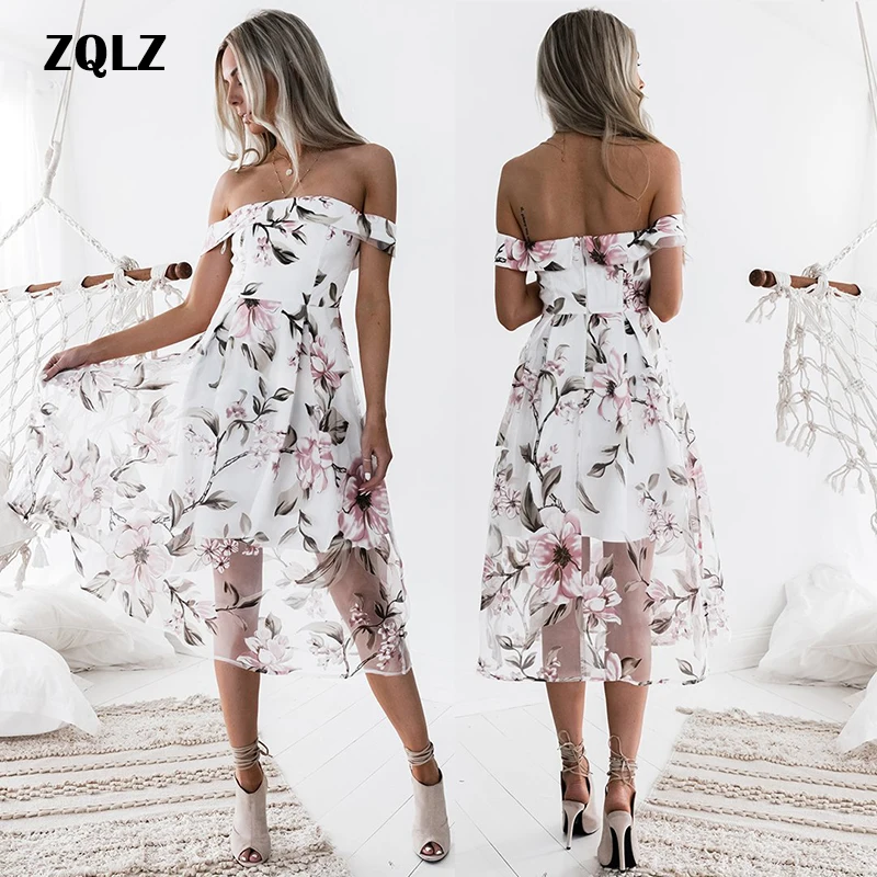 Goede Zqlz 2018 Nieuwe Zomer Sexy Backless Strand Jurk Vrouwen Slash Hals Korte Mouwen Print Bloemen Bohemian Avondjurk Jurken