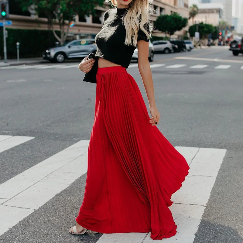 Holiday Style Pleated Women Skirts Ladies Solid Color Elastic High Waist Skirt Autumn Spring Casual Long Maxi Skirt Falda Larga