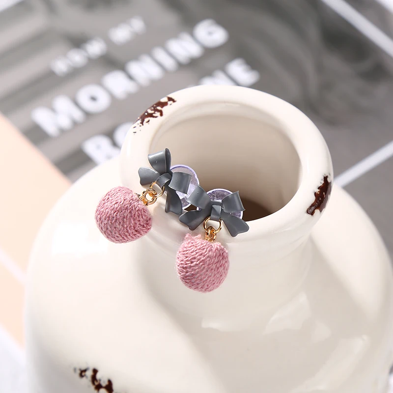 Korean Fashion Colorful 3D Bowknot Knitted Ball Earrings for Women Lady