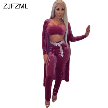 

Autumn Winter Velvet Suit 3 Three Piece Set Strapless Crop Top+Pencil Pants+Full Sleeve Extra Long Cardigan Coat Warm Tracksuit