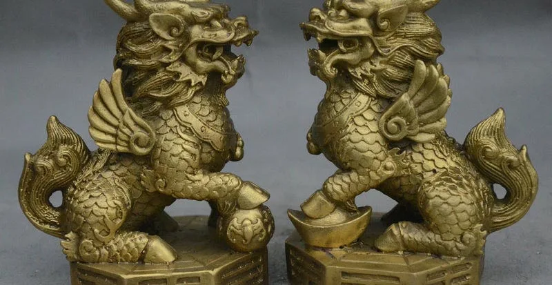 

Chinese FengShui Brass Wealth Auspicious Beast Kylin Chi-lin Qilin Statue Pair