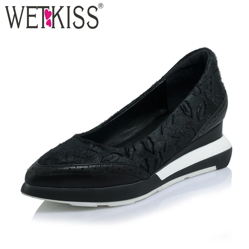 

WETKISS 2017 New Arrive Genuine Leather Horsehair Wedges Pumps for Women Stylish Pointed toe Shallow Heeled Shoes Colored Pumps