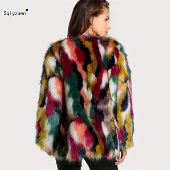 

Winter Women Faux Fur Colorful Long Sleeve Coats 2019 Female Ladies Elegant Collarless Furry Fleece Warm Shaggy Jacket Plus Size