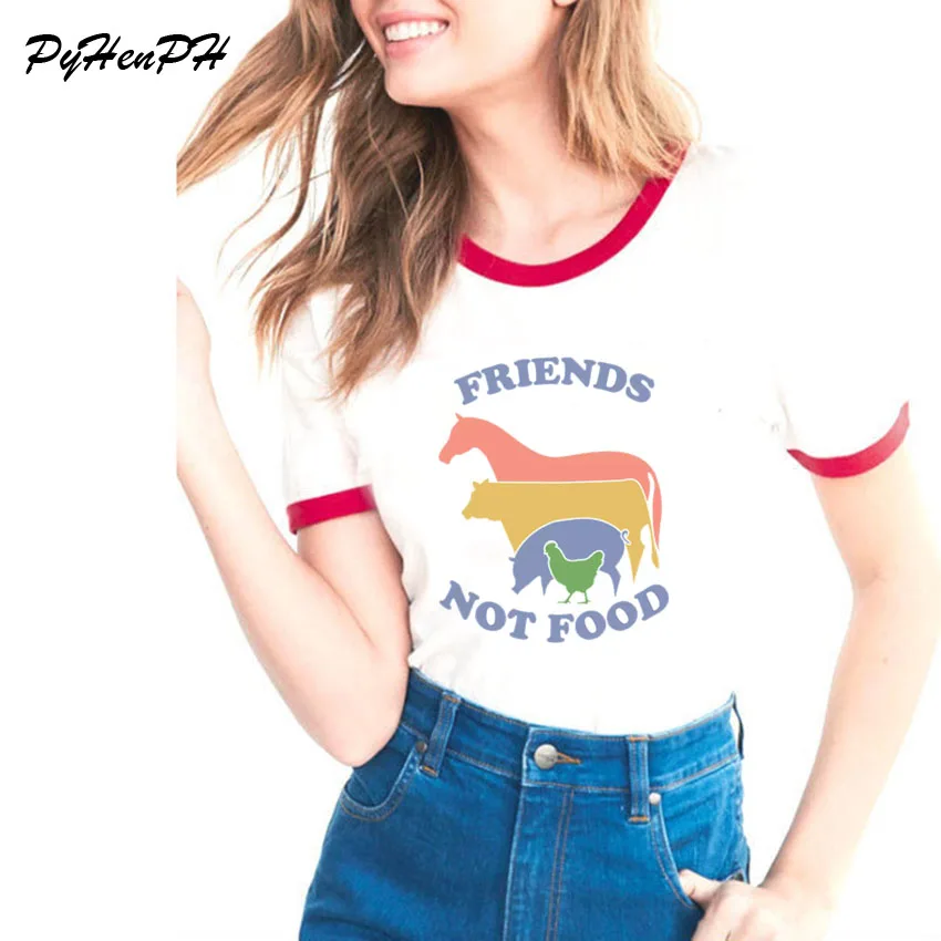 Друзья не еда Футболка женская Винтажная футболка подарок для веганов рубашка Вегетарианская натуральная Милая 80s 90s Популярные топы - Цвет: C2