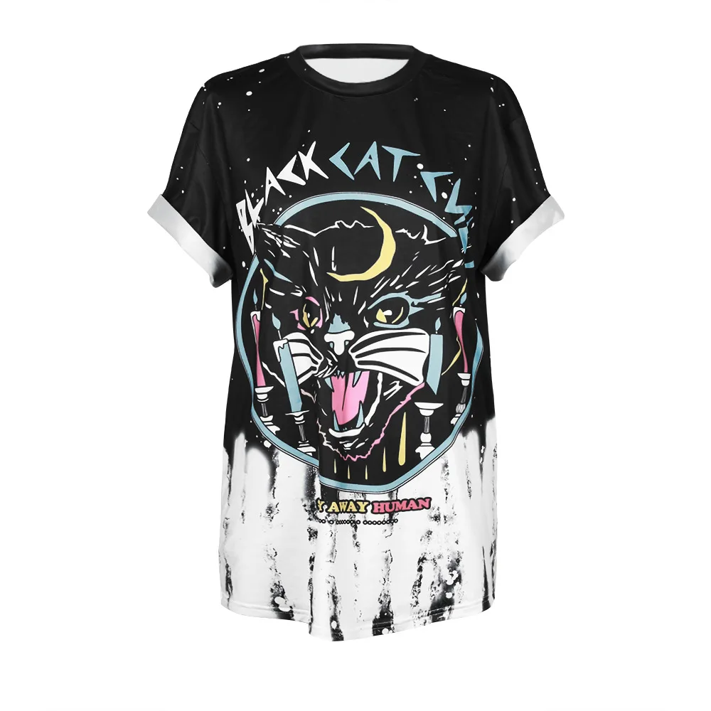 

New Fashion Black and White T Shirt Black Cat T Shirts Women Summer Harajuku Style Loose Long Short Sleeve Tee Tops