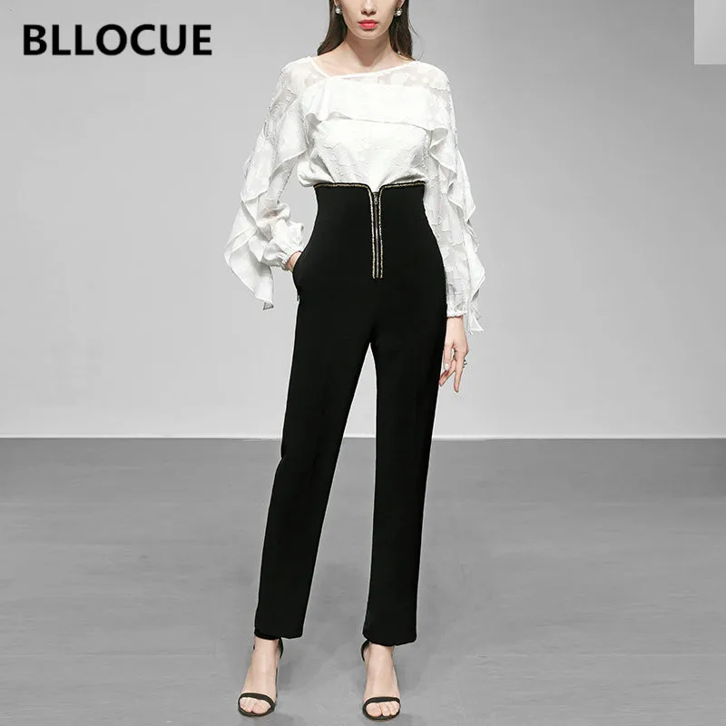 

BLLOCUE 2019 Autumn Elegant Fashion Office 2 Piece Set Women Ruffles Long Sleeve White Shirt+High Waist Black Pencil Pants Suits