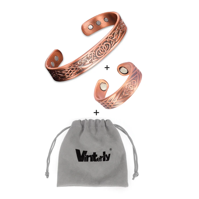 Vinterly магнитный медный браслет кольцо энергия здоровья Ювелирные наборы для женщин мужчин винтажные регулируемые манжеты кольцо браслеты - Окраска металла: С черным цинковым покрытием