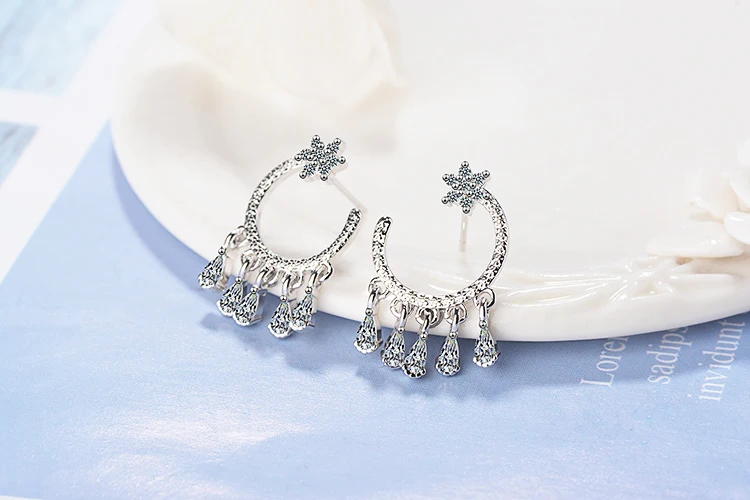Anenjery Мода Звезда Циркон в форме капель серьги с кисточками для Для женщин 925 пробы серебряные сережки oorbellen pendientes S-E770