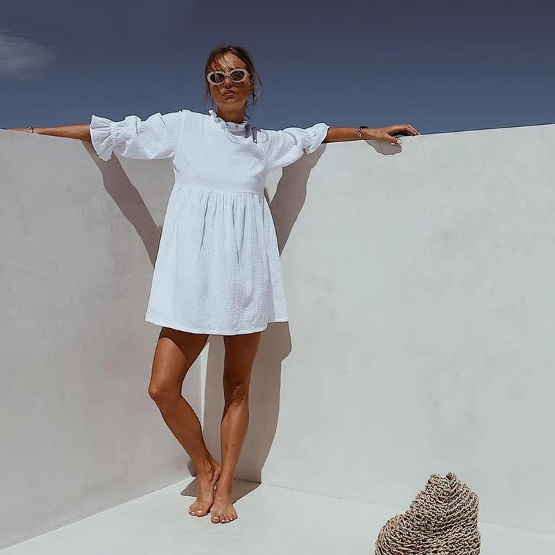 2019 Summer White Straight Party Dress Ladies Seven Sleeve Ruffles Stand Collar Elegant Mini New Fashion Women Sundress | Женская одежда
