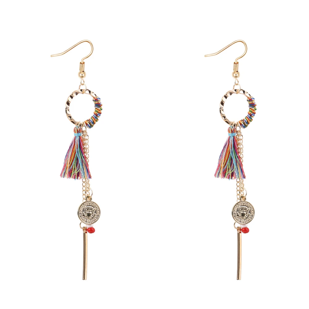 Human Head Coin Long Drop Dangling Charm Earrings Circle Design Tassel Bohemian Jewelry Accessories For Her 5 Colors | Украшения и