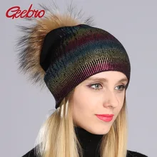 Geebro зимние женские шапочки, шапка, повседневные теплые вязаные шерстяные шапочки с натуральным меховым помпоном, женская шляпа с помпоном из меха енота, DQ050