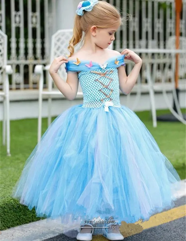 

New Off Shoulder Princess Sky Blue Baby Girls Birthday Dress 2017 Custom Made Flower Girl Dress Any Size