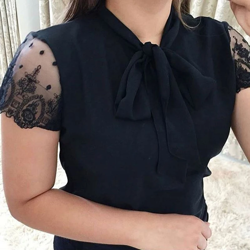 Umeko Lace Up Bow Tie Shirt 2019 Summer Short Sleeve Chiffon Casual Blouse Plus Size 5xl Office Lady Blusas Umeko Lace Up Bow Tie Shirt 2019 Summer Short Sleeve Chiffon Casual Blouse Plus Size 5xl Office Lady Blusas