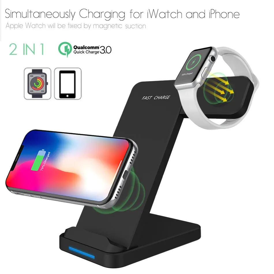 

2 in 1 Wireless Charger For iWatch 1 2 3 4 For iPhone XS Max XR X 8 Plus HUAWE Sumsang S10 Xiaomi Quick Fast Charging Dock