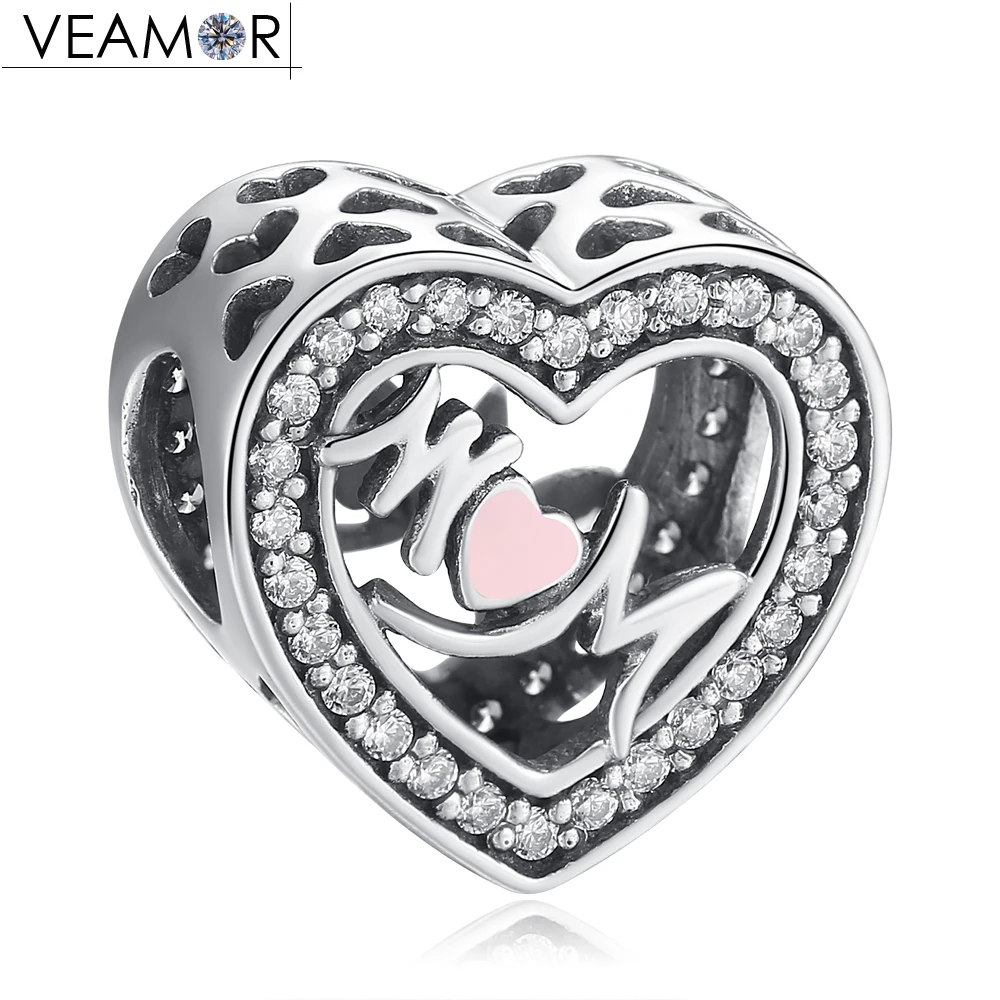VEAMOR Mother's Day Gift Pink Enamel Mom Heart Charm Beads Fit Pandora