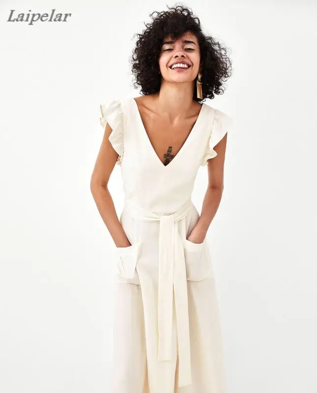 

elegant ruffless white linen dress women sleeveless backless bow midi dress Summer pocket Casual dress 2018 korean beach vestido