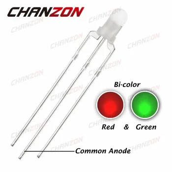 CHANZON 100pcs 3mm Common Anode LED Diode Red And Green Diffused 20mA Round 3 mm Bicolor 3pin LED Light Emitting Diode Lamp DIP