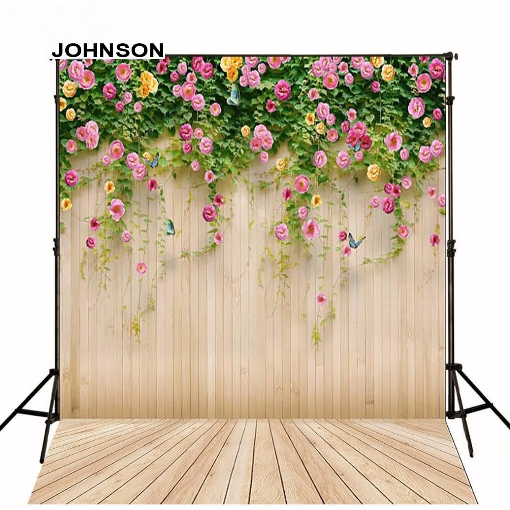 Pink Flowers Wall Wood Floor Backgrounds for sale Vinyl cloth High quality Computer printed
