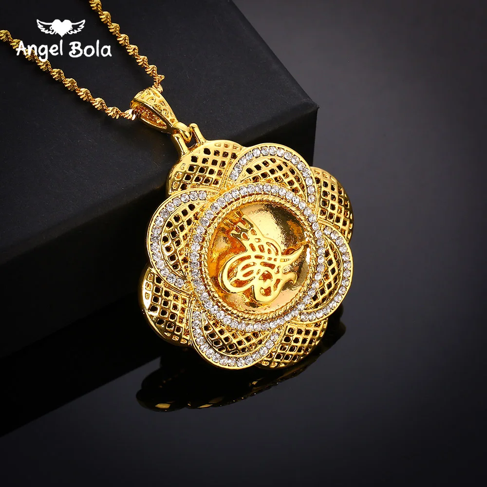 

Flower Metal Coin Necklace for Turks - Gold Color Turkey Womens Arab Pendant Jewelry White Stone Turkish Coin Never Faded