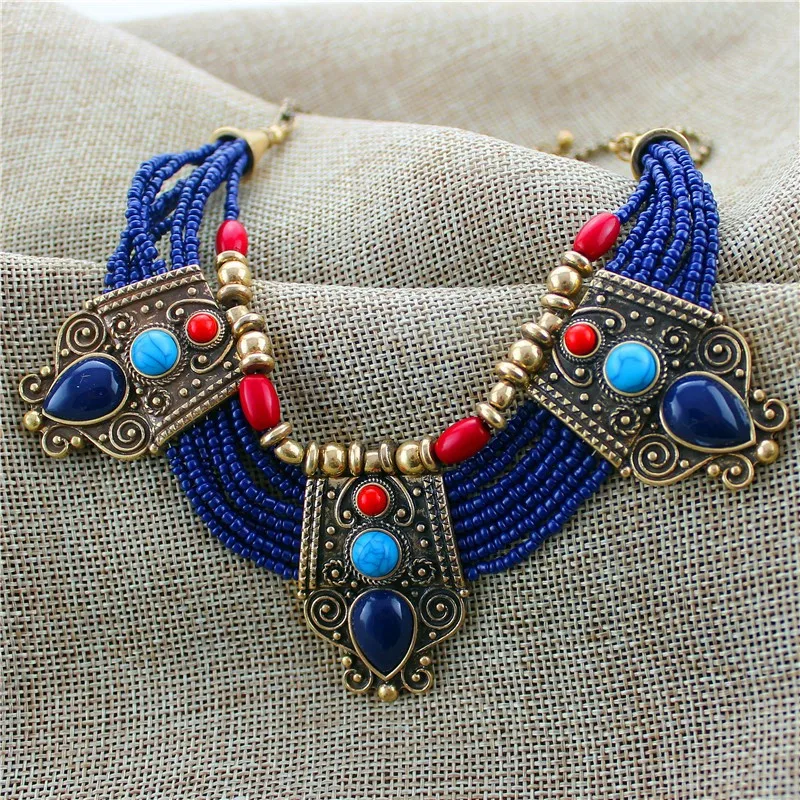 XQ модное женское короткое ожерелье с синими бусинами, с покрытием из бронзового сплава с камнями, капли воды, многослойные Винтажные Ювелирные изделия ручной работы