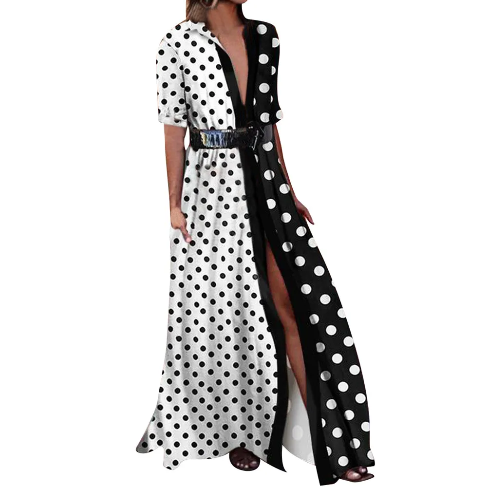 

FREE OSTRICH Women Dress Polka Dot Stitching Contrast Color Swing Belt Ankle-Length Popular Trend Elegant Summer Long Dress