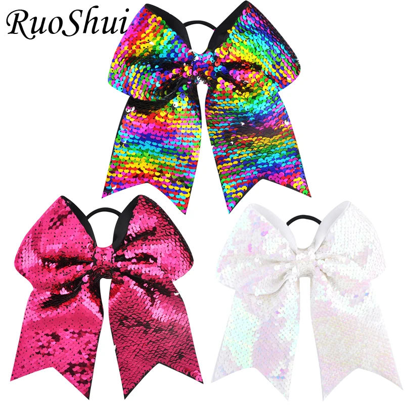 

8 Inch Double-faced Mermaid Sequins Large Cheer Bow Elastic Hair Band Grosgrain Ribbon Cheerleading kid Girl Hair Accessories
