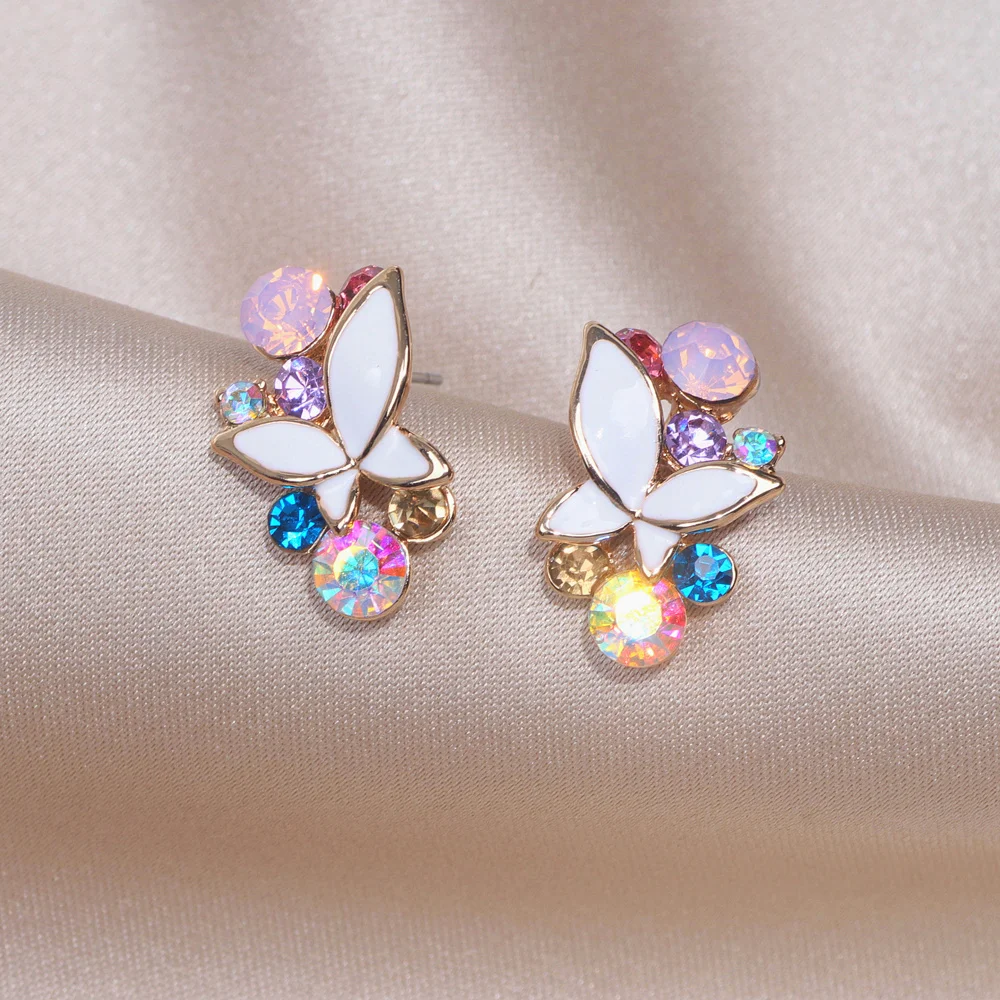 Модные милые цветные серьги-гвоздики с кристаллами и бабочкой для женщин, для девочек, Золотая цветная серьга, модные свадебные ювелирные изделия, аксессуары
