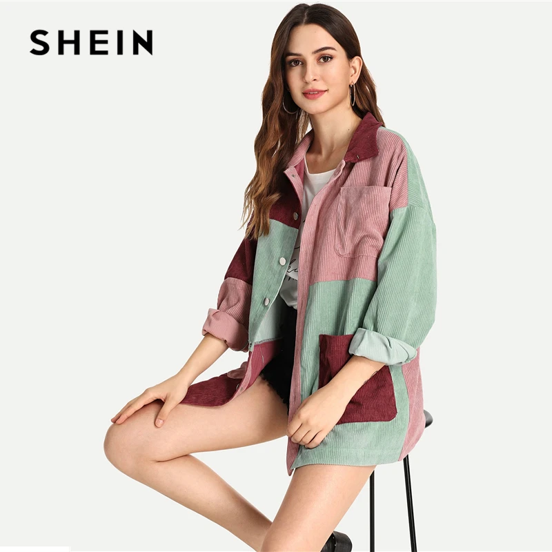 price reduction  SHEIN Multicolor Elegant Modern Lady Cut and Sew Pocket Front Buttoned Coat 2018 Autumn Weekend Cas