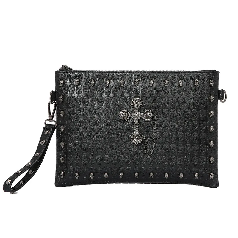 

Skeleton Cross Pattern Leisure Time Believe Occlusive Wrap Ghost Head Package Men And Women Hand Take Rivet handbag PU