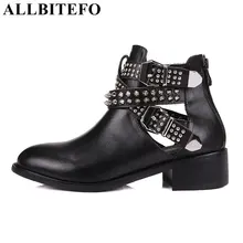 ALLBITEFO/Брендовые женские ботинки из натуральной кожи на толстом каблуке с заклепками и пряжкой; ботинки для девочек на низком каблуке; ботильоны; botas femininas