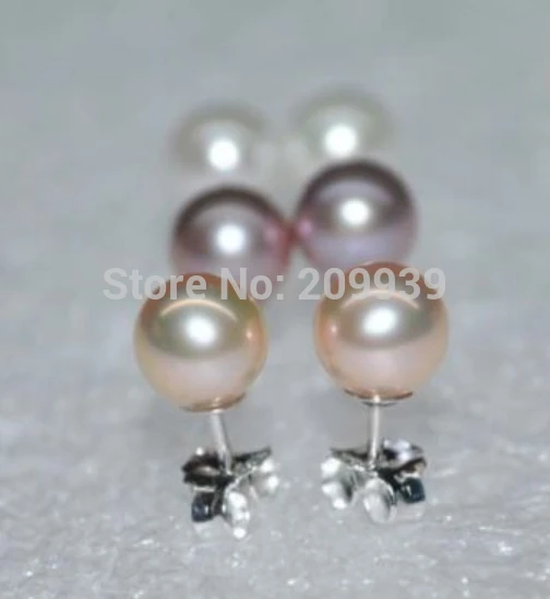 

Hot selling> hj 00249 AAA LOTS 6 pairs 5.5-6mm round white pink purple pearl stud earring 925 silver -Bride jewelry free shippin