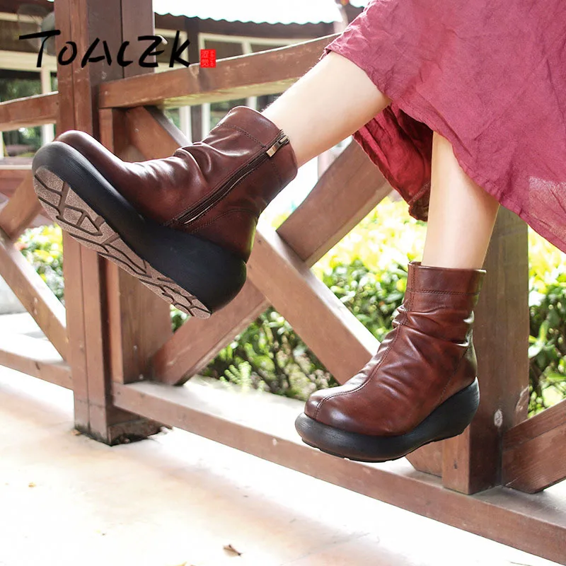 

Autumn and winter new thick bottom wedge heel female boots side zipper round head cowhide vintage handmade women's boots