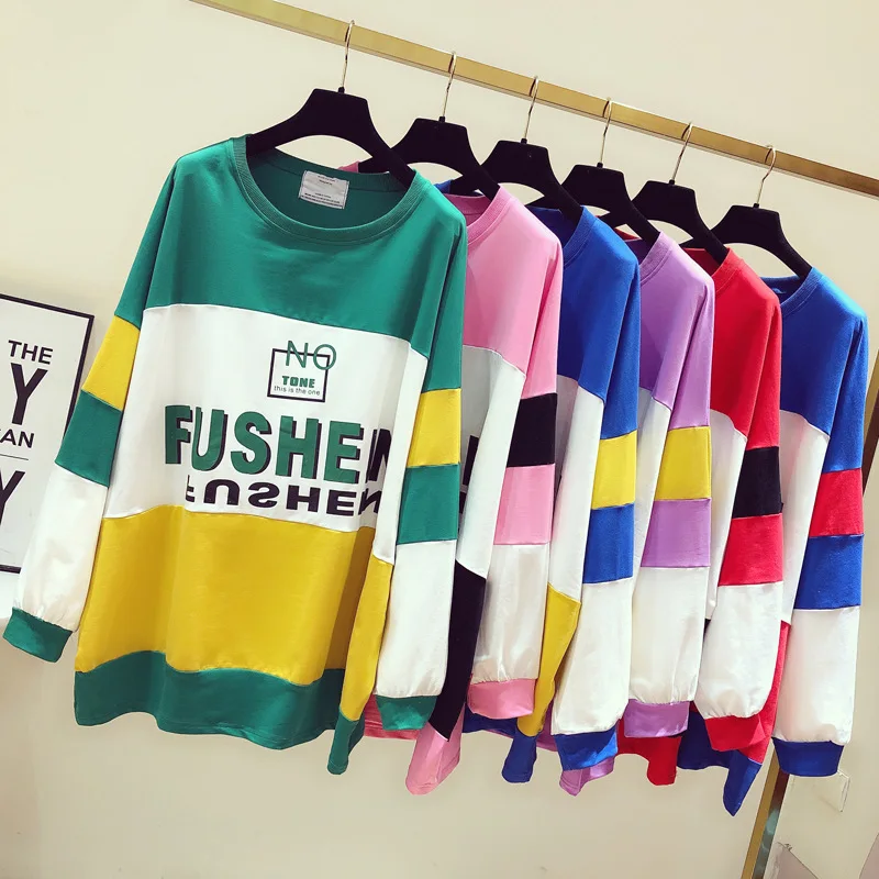 

Girl Student Contrast Color Blocked Long Sleeve Tops Autumn New Letter Printed T-Shirt Plus Size Loose O-Neck Pullovers