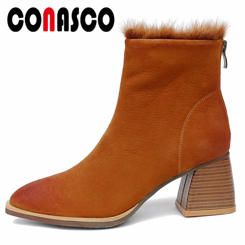

CONASCO Top Quality Women High Heels Ankle Boots Cow Suede Warm Short Basic Boots Sexy Zipper Party Shoes Woman Office Pumps