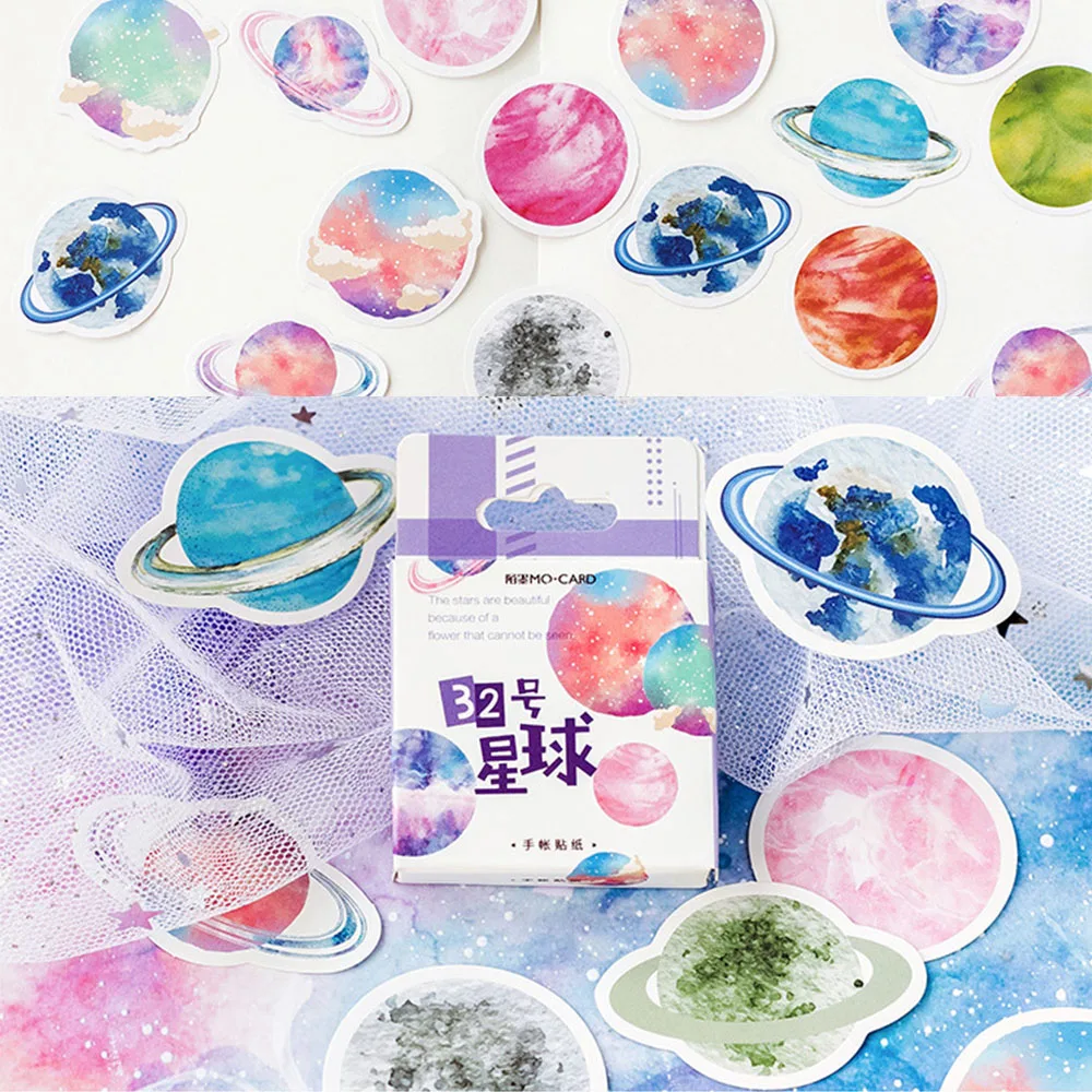 

45pcs/New DIY Crafts box Decorative Gift Packing Scrapbooking Paper Galaxy Decals Stationery Label Planet Stickers Card Stamp