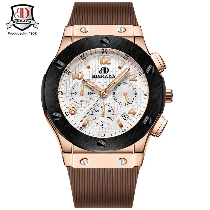 

Men Quartz Watch Waterproof Rose Gold Stainless Steel Silicone Bayan Kol Saati Three Movements Sport Watch Fashion Casual Box