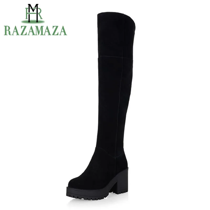 

ZALAVOR Women Over Knee High Heel Boots Zipper Platform Real Leather Thick Fur Shoe Cold Winter Botas Women Footwear Size 34-39