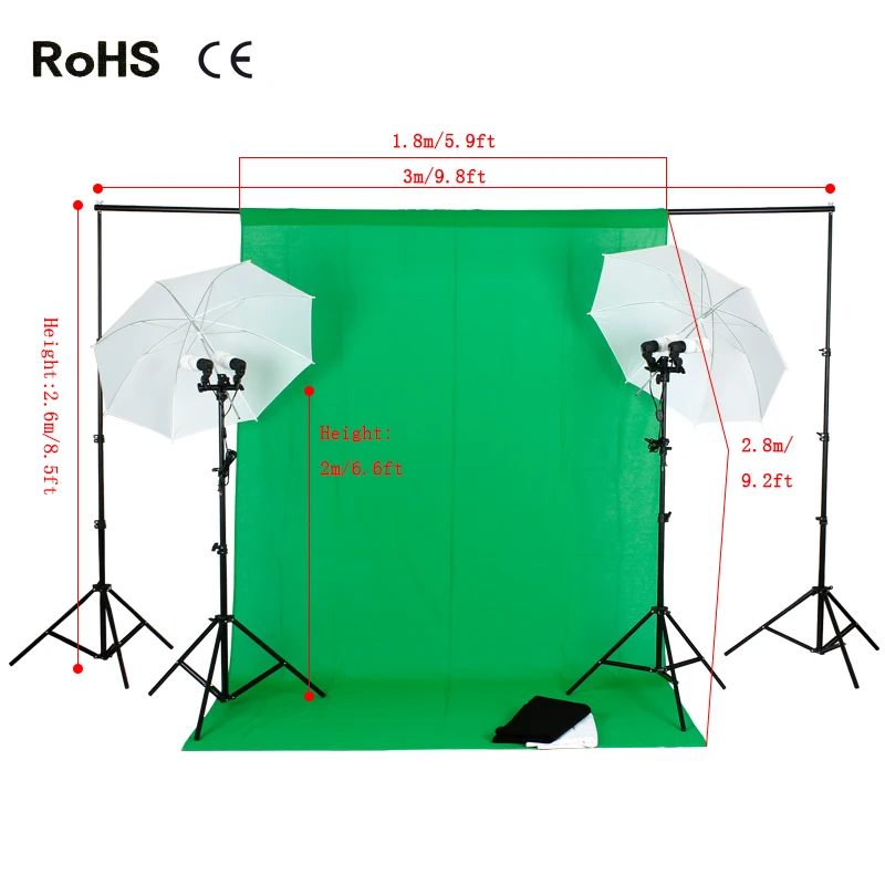

Photo Studio Backdrop Umbrella Lighting Kit Set +2.6m*3m Background Support Stand+1.8m*2.8m cotton backdrops+4*45w Lighting Bulb