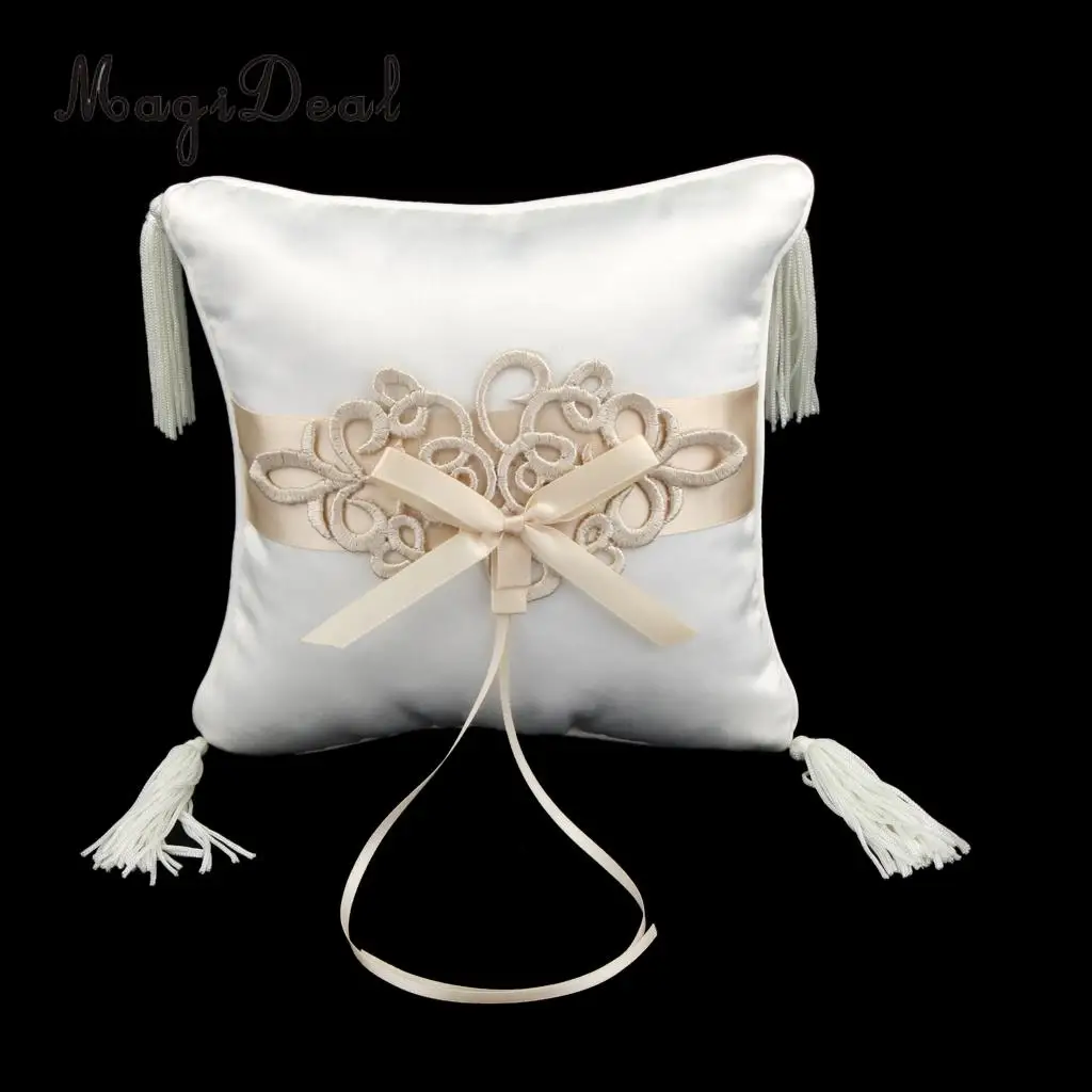 

MagiDeal White Satin With Embroidered Applique Bridal Pillow Wedding Ring Cushion