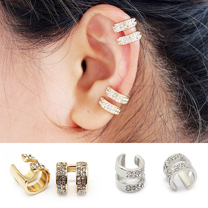 

Allergy Free Golden/Silvery 2018 New Arrival Small Round Gifts 1Pair Crystal 2 Rows Rhinestone Clip Earring Unique Graceful