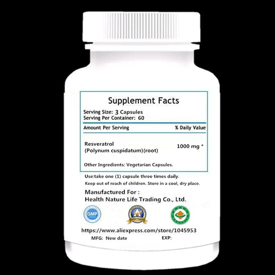Чистый ресвератрол-1000 мг на порцию Максимальная прочность(60 шт/1 бутылка) антиоксидант, естественная потеря веса, для омолаживания