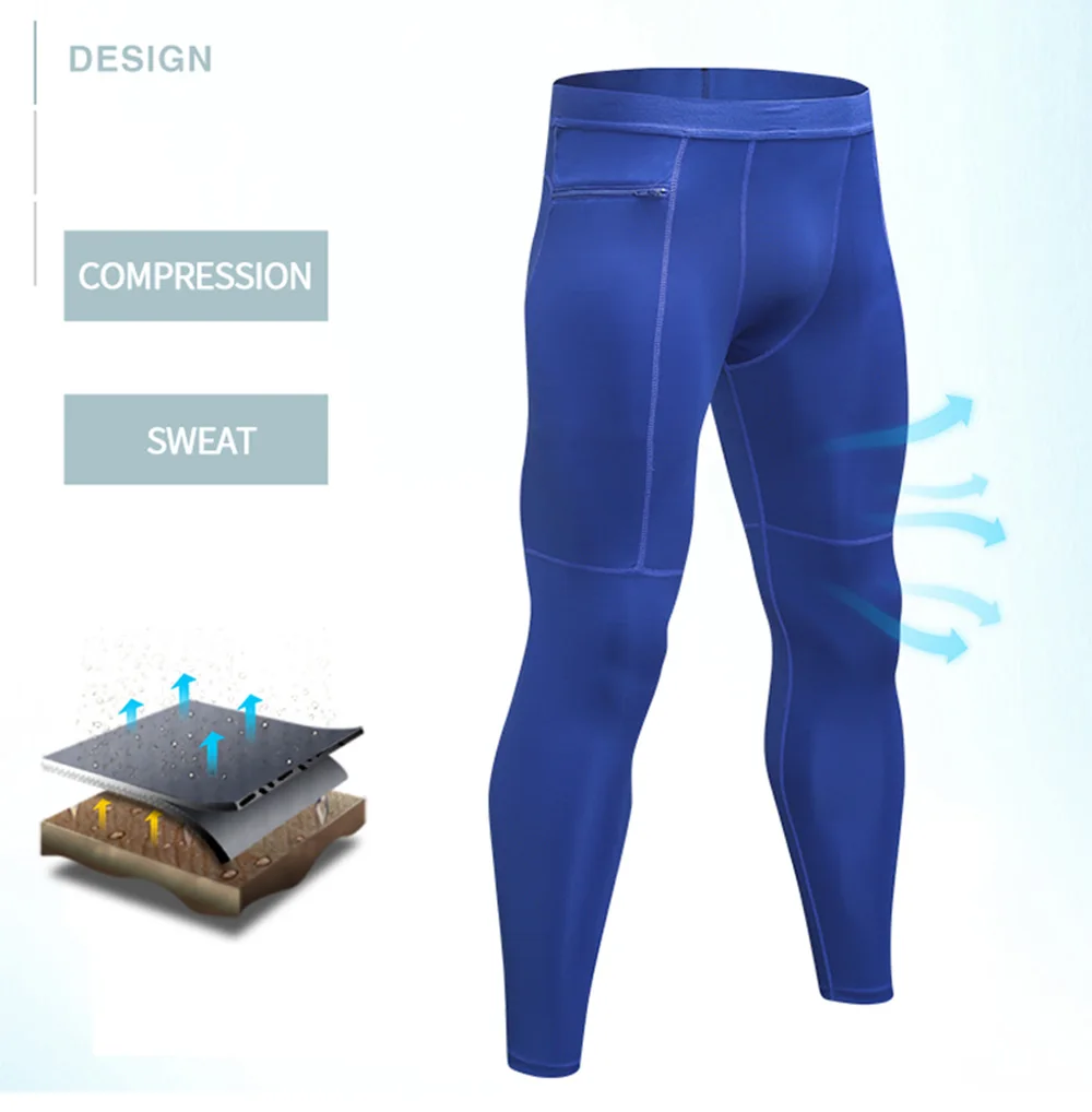 Для мужчин новый карман на молнии брюки сжатия быстросохнущая Для Мужчин's спортивные штаны Леггинсы для бега Фитнес Бодибилдинг