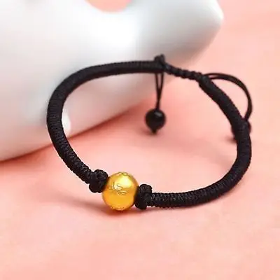 

Best Gift 999 24K Yellow Gold Lucky 3D Bead Bead Black Braided Bracelet