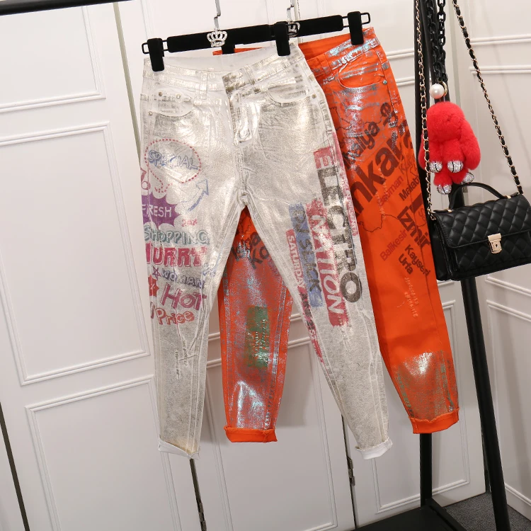 2017 cartoon oil painting street denim jeans, letters print pantsin